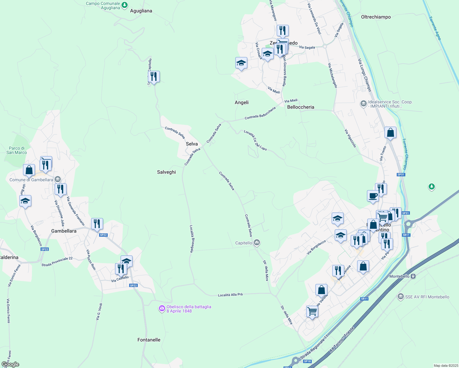 map of restaurants, bars, coffee shops, grocery stores, and more near 163 Contrada Selva in Provincia di Vicenza