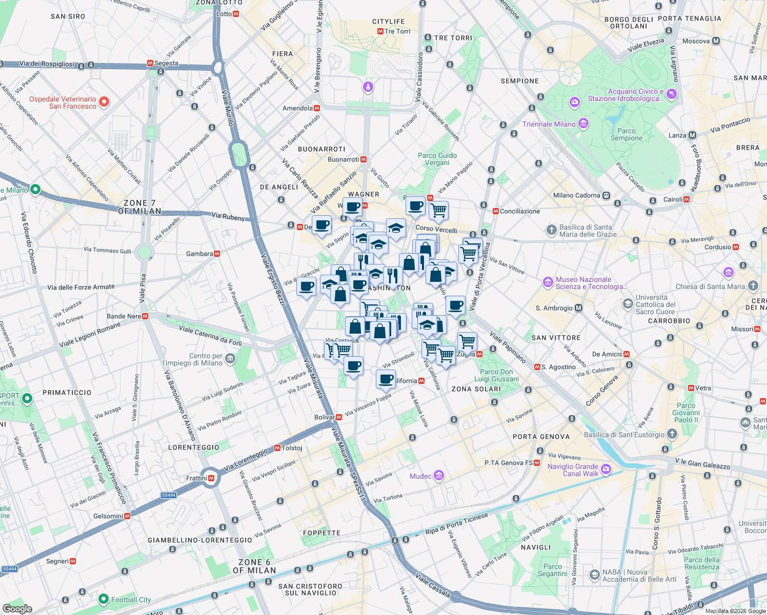 map of restaurants, bars, coffee shops, grocery stores, and more near Piazza Po in Milano