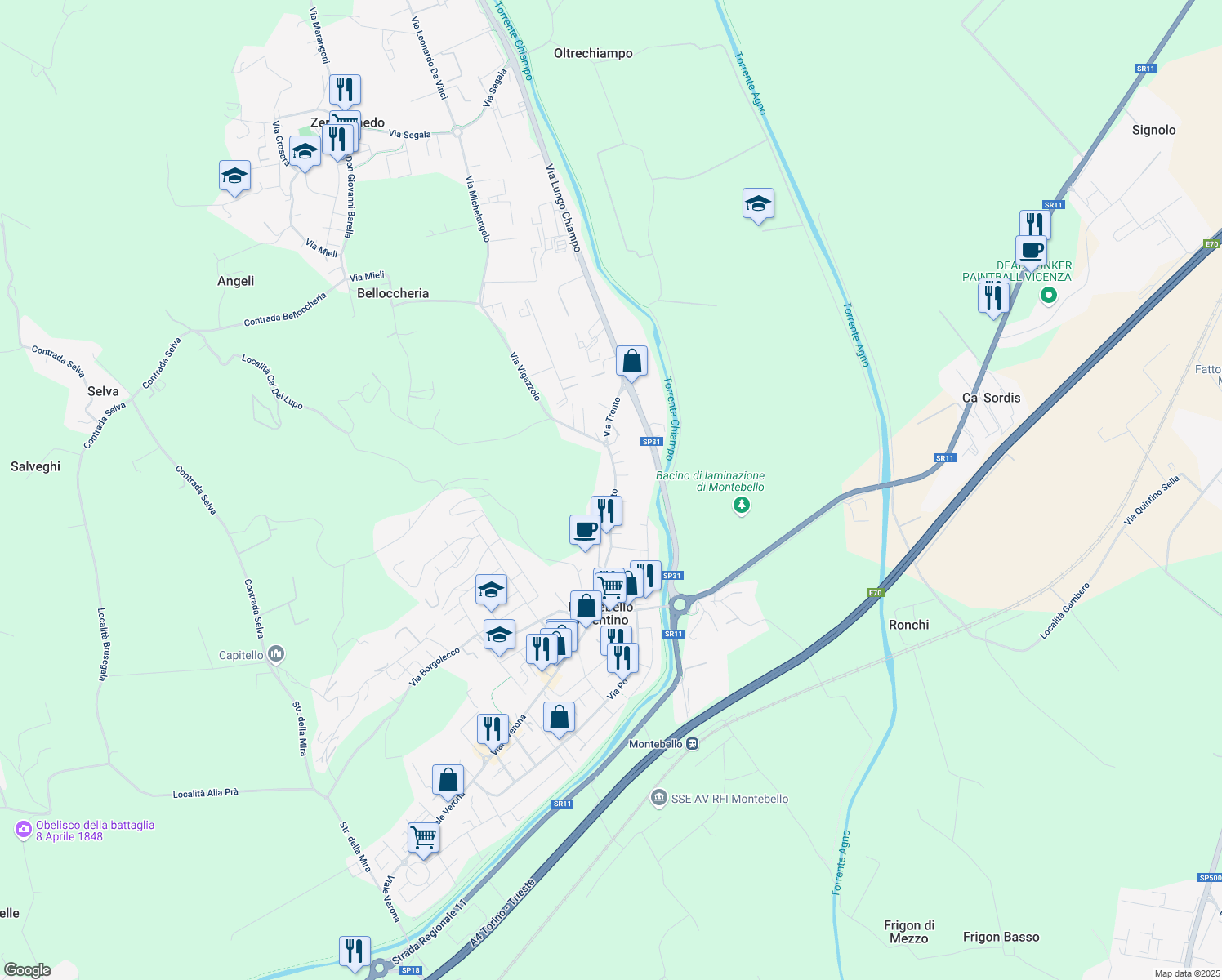 map of restaurants, bars, coffee shops, grocery stores, and more near 105 Via Trento in Montebello Vicentino
