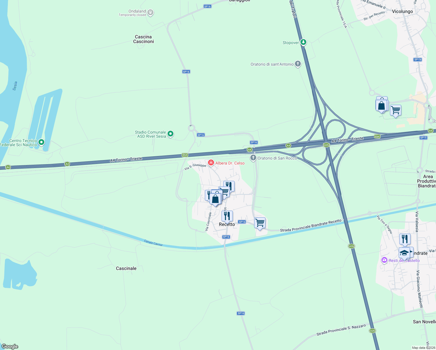 map of restaurants, bars, coffee shops, grocery stores, and more near 20 Via San Giuseppe in Recetto