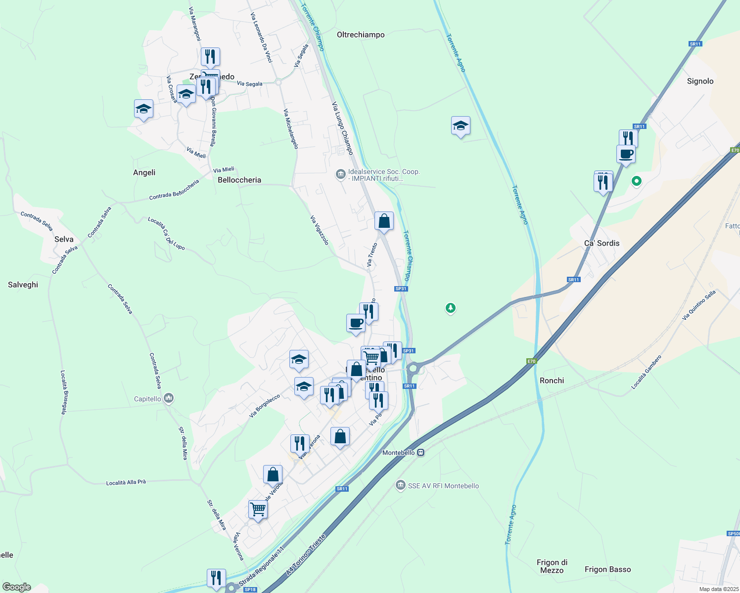 map of restaurants, bars, coffee shops, grocery stores, and more near 105 Via Trento in Montebello Vicentino