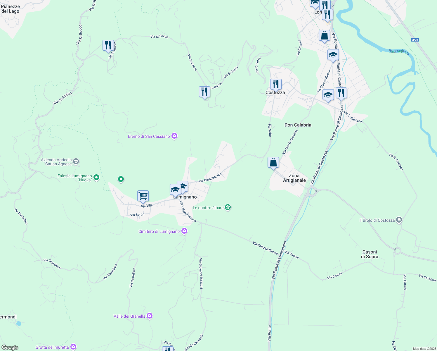 map of restaurants, bars, coffee shops, grocery stores, and more near 19 Via Campanonta in Lumignano