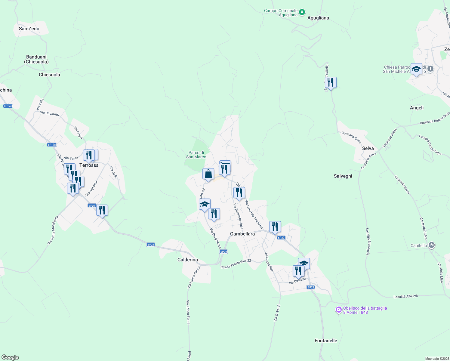 map of restaurants, bars, coffee shops, grocery stores, and more near 6 Via Divisione Julia in Gambellara