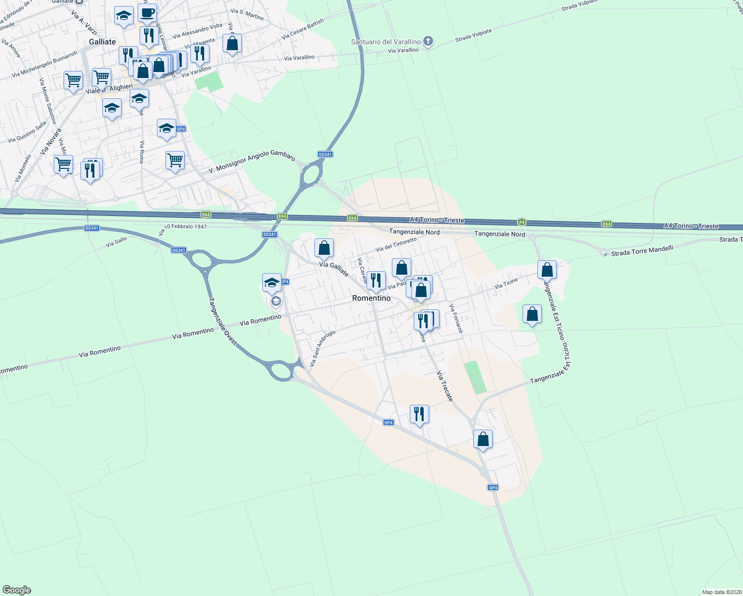 map of restaurants, bars, coffee shops, grocery stores, and more near in Romentino