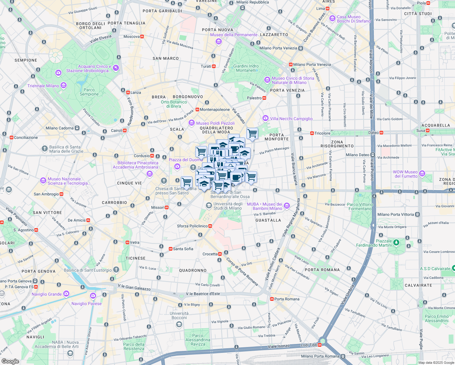 map of restaurants, bars, coffee shops, grocery stores, and more near 11 Via Verziere in Milano