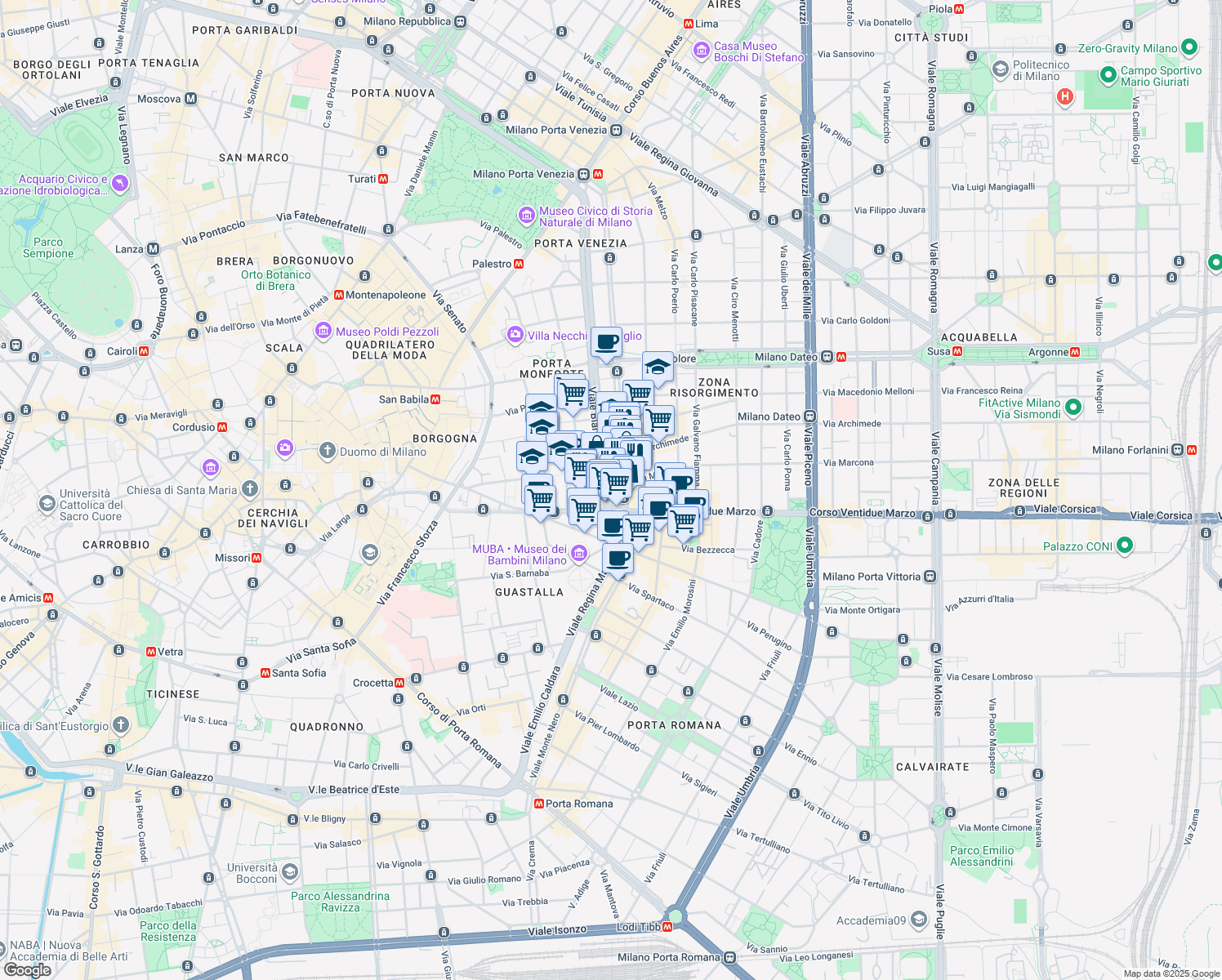 map of restaurants, bars, coffee shops, grocery stores, and more near 2 Viale Bianca Maria in Milano