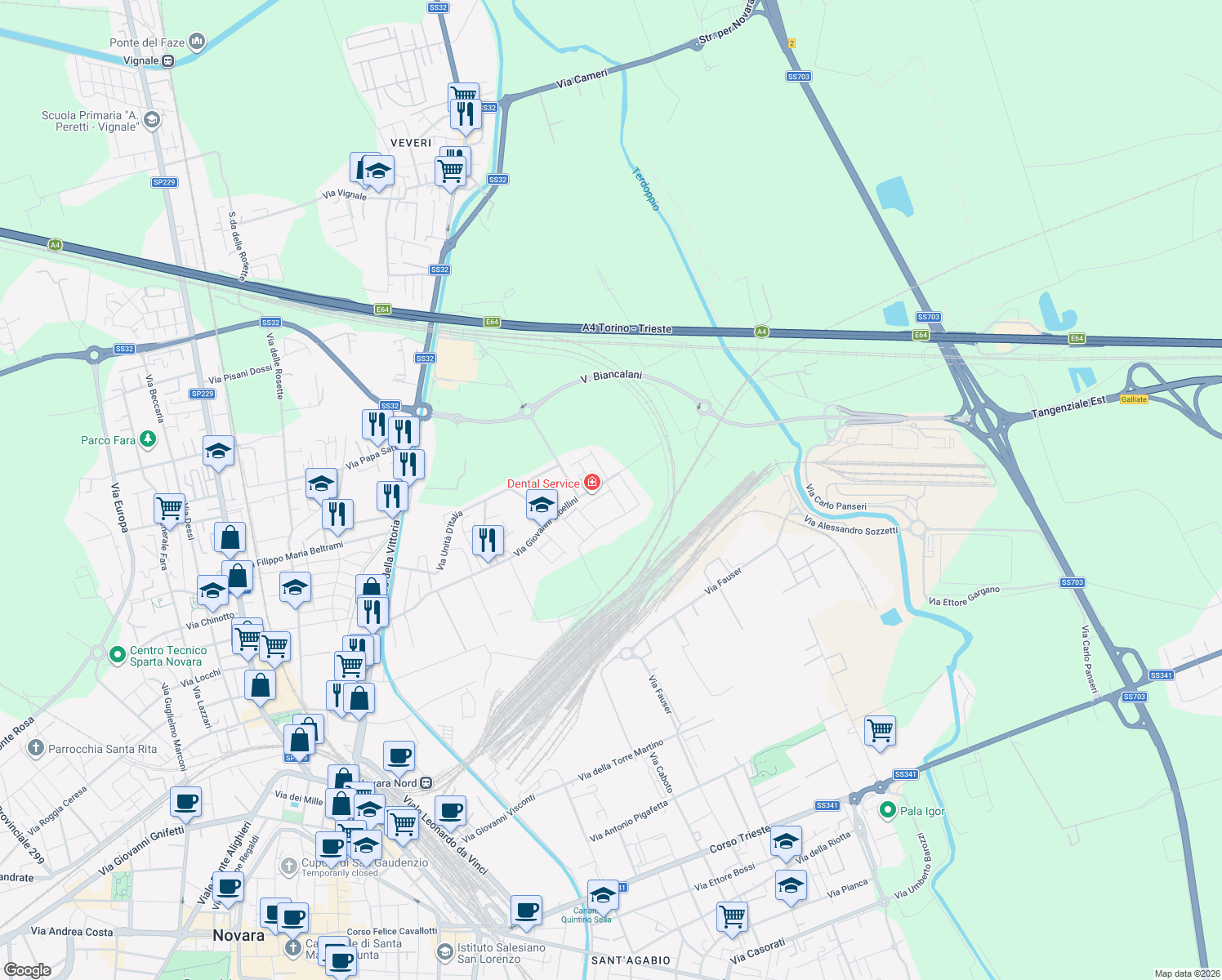 map of restaurants, bars, coffee shops, grocery stores, and more near 10 Via Urbano Rattazzi in Novara