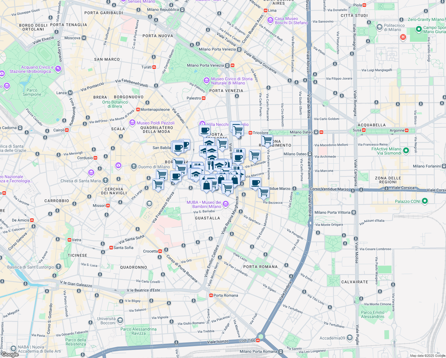 map of restaurants, bars, coffee shops, grocery stores, and more near 26-36 Via Filippo Corridoni in Milan