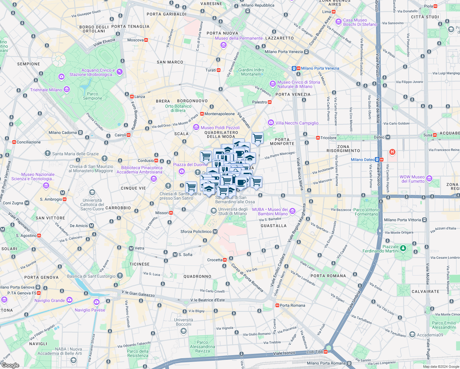 map of restaurants, bars, coffee shops, grocery stores, and more near 11 Via Verziere in Milano