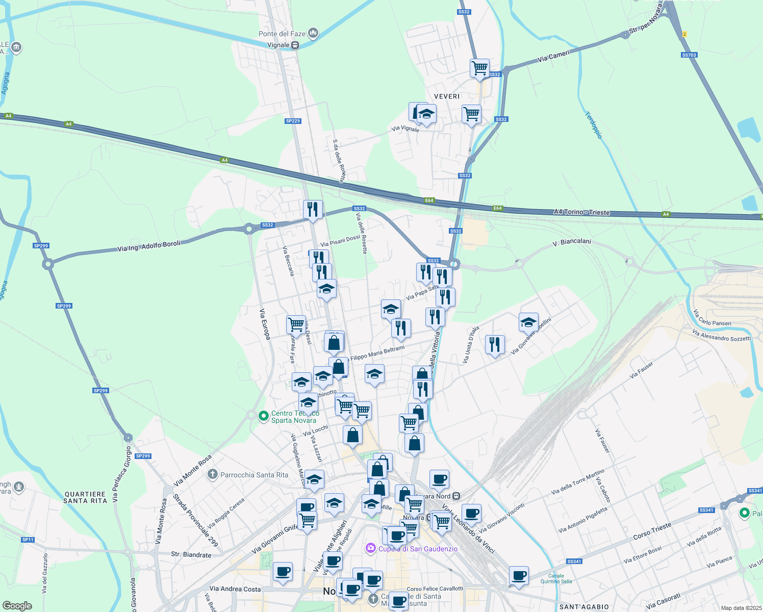map of restaurants, bars, coffee shops, grocery stores, and more near 10 Via della Noce in Novara