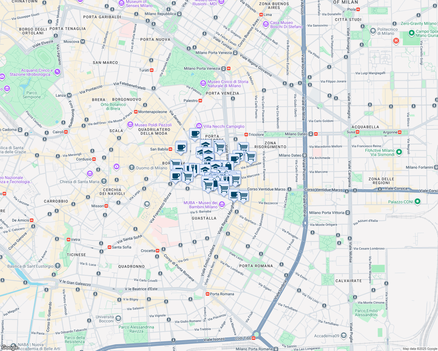 map of restaurants, bars, coffee shops, grocery stores, and more near 36 Via Filippo Corridoni in Milan