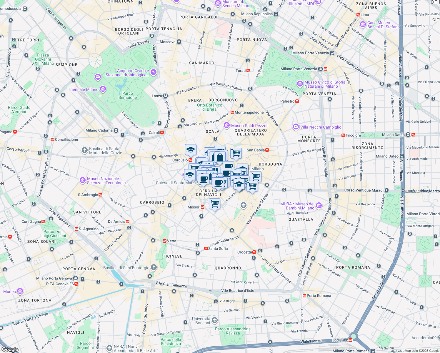 map of restaurants, bars, coffee shops, grocery stores, and more near Piazza del Duomo in Milano