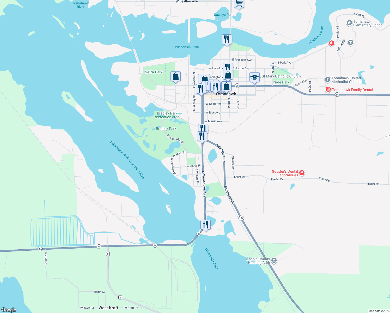 map of restaurants, bars, coffee shops, grocery stores, and more near 625 South Wilson Street in Tomahawk