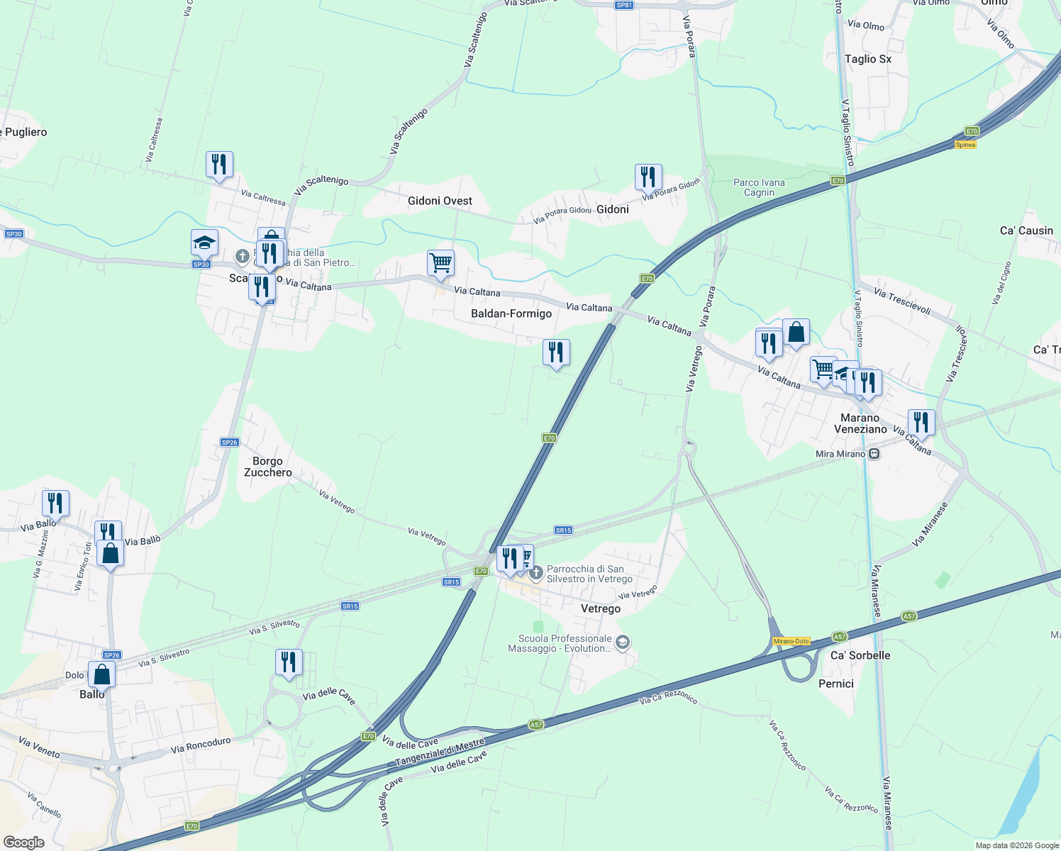 map of restaurants, bars, coffee shops, grocery stores, and more near 8 Via Vetrego in Città Metropolitana di Venezia
