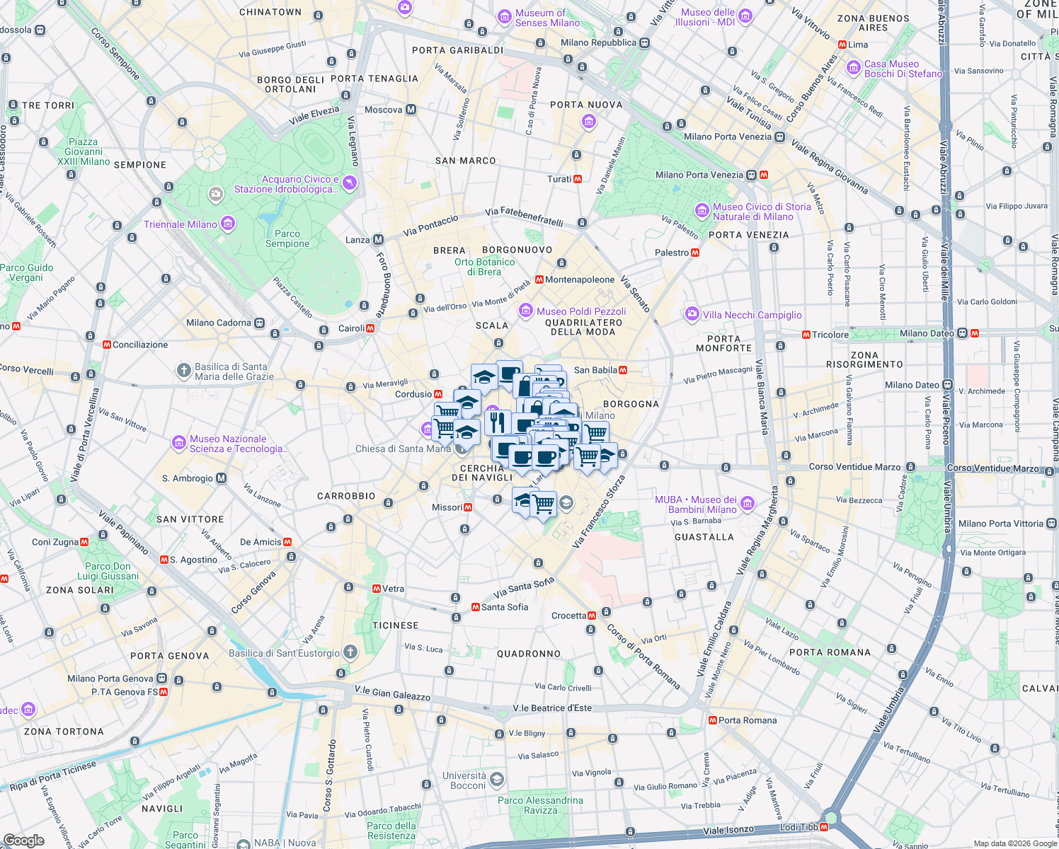map of restaurants, bars, coffee shops, grocery stores, and more near Piazza del Duomo in Milano