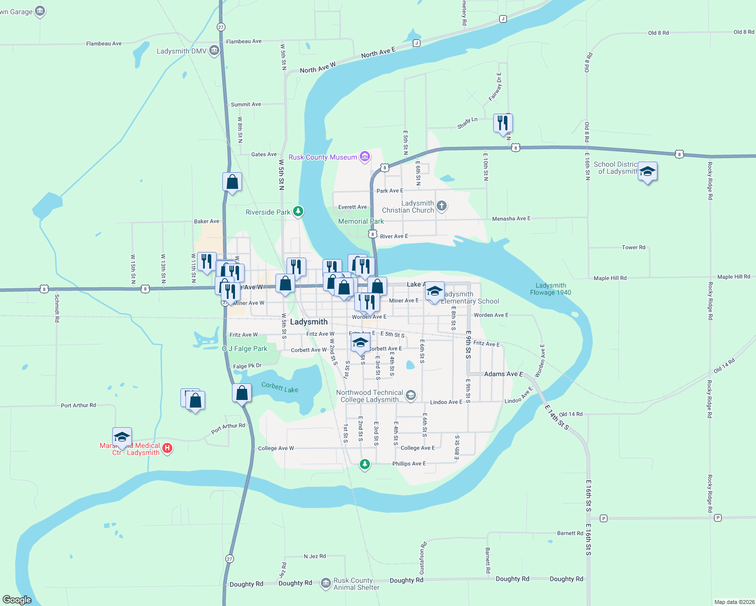 map of restaurants, bars, coffee shops, grocery stores, and more near 304 Miner Avenue East in Ladysmith