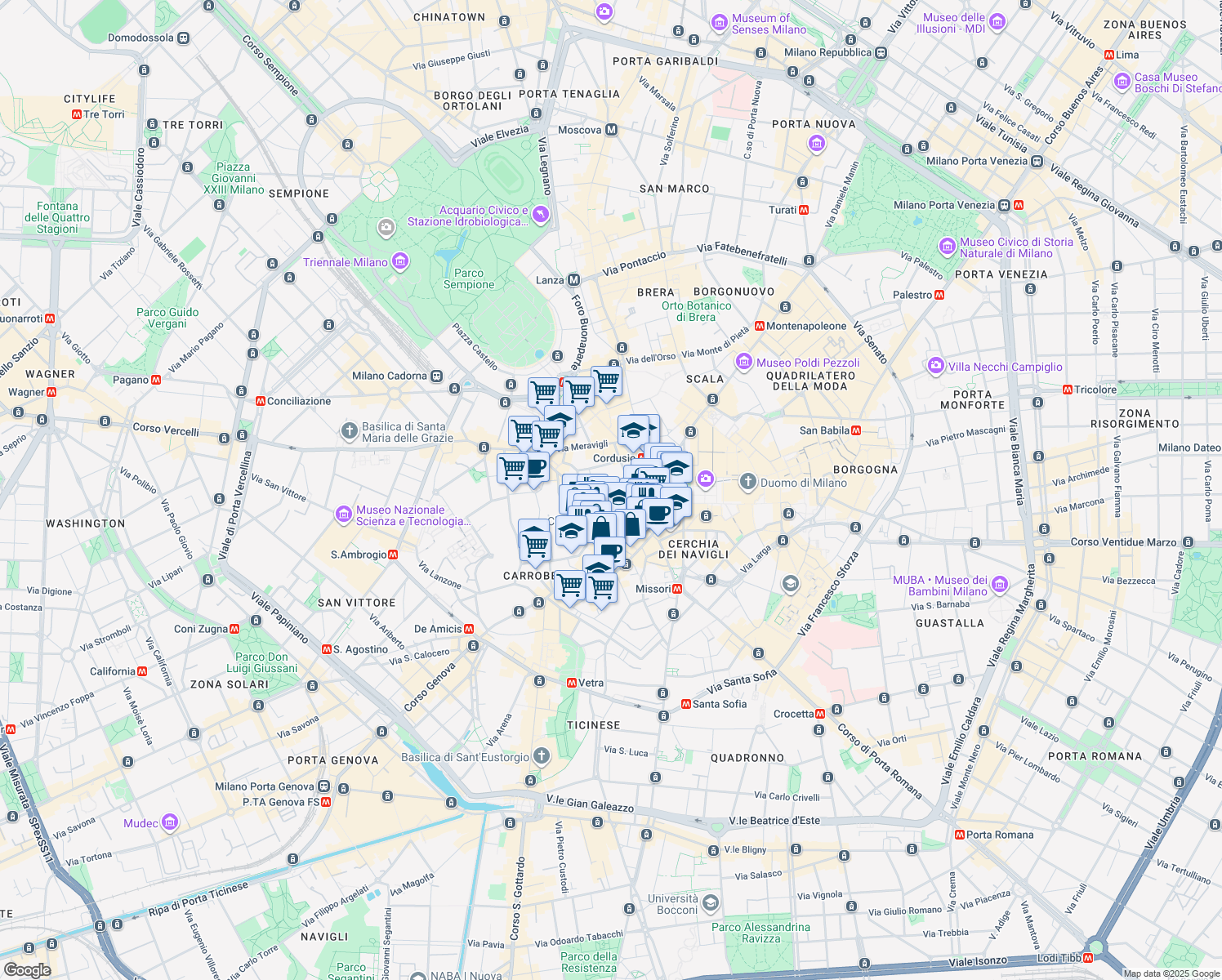 map of restaurants, bars, coffee shops, grocery stores, and more near Piazza Tommaso Edison in Milano