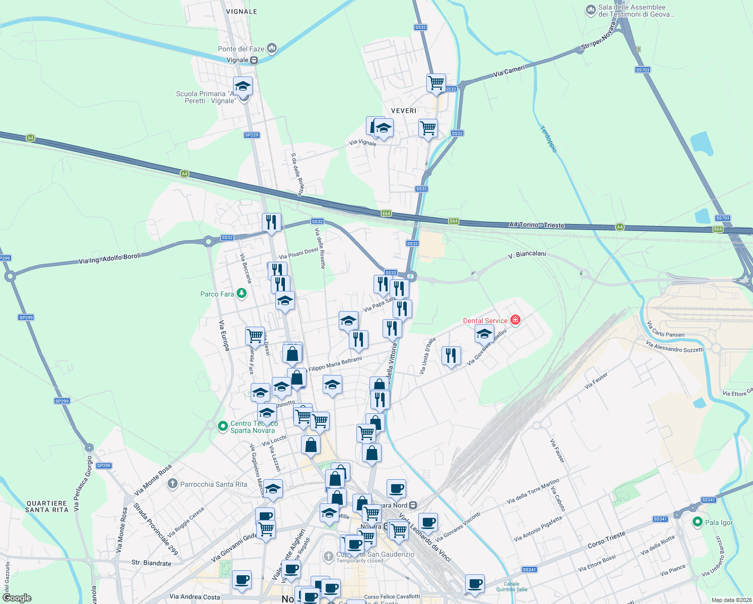 map of restaurants, bars, coffee shops, grocery stores, and more near 12 Via Papa Sarto in Novara