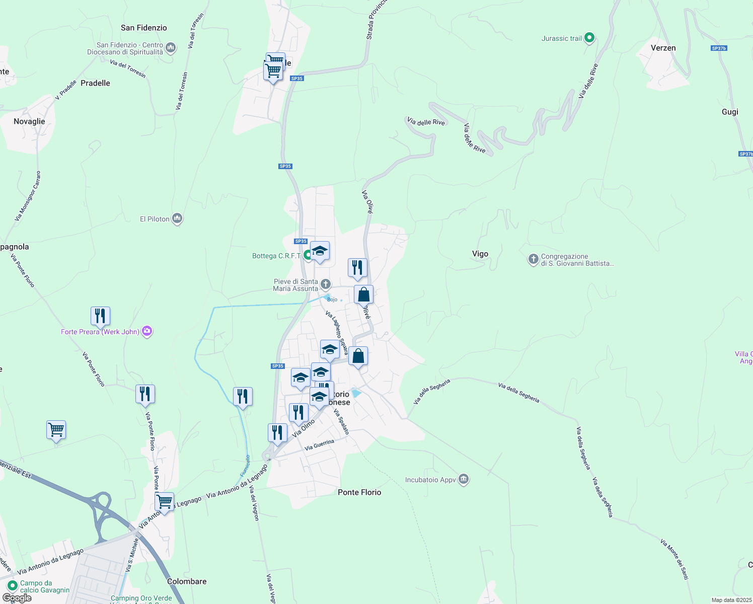 map of restaurants, bars, coffee shops, grocery stores, and more near 14 Via dei Biancospini in Verona
