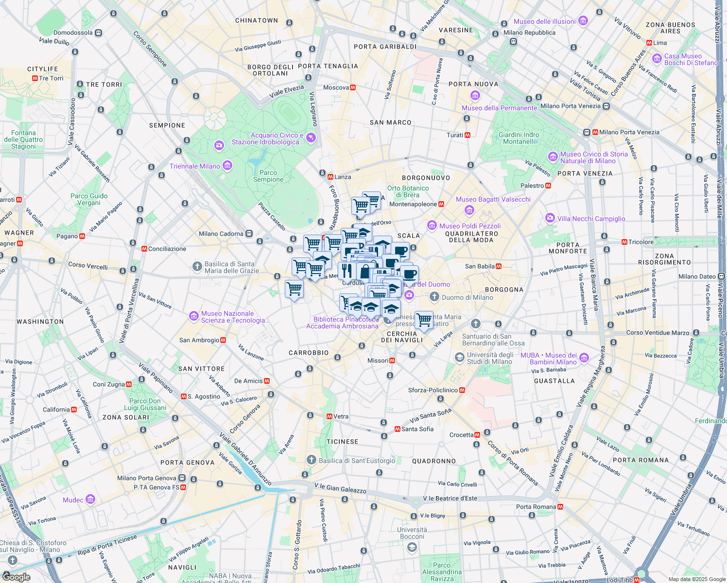 map of restaurants, bars, coffee shops, grocery stores, and more near Via Cordusio in Milano