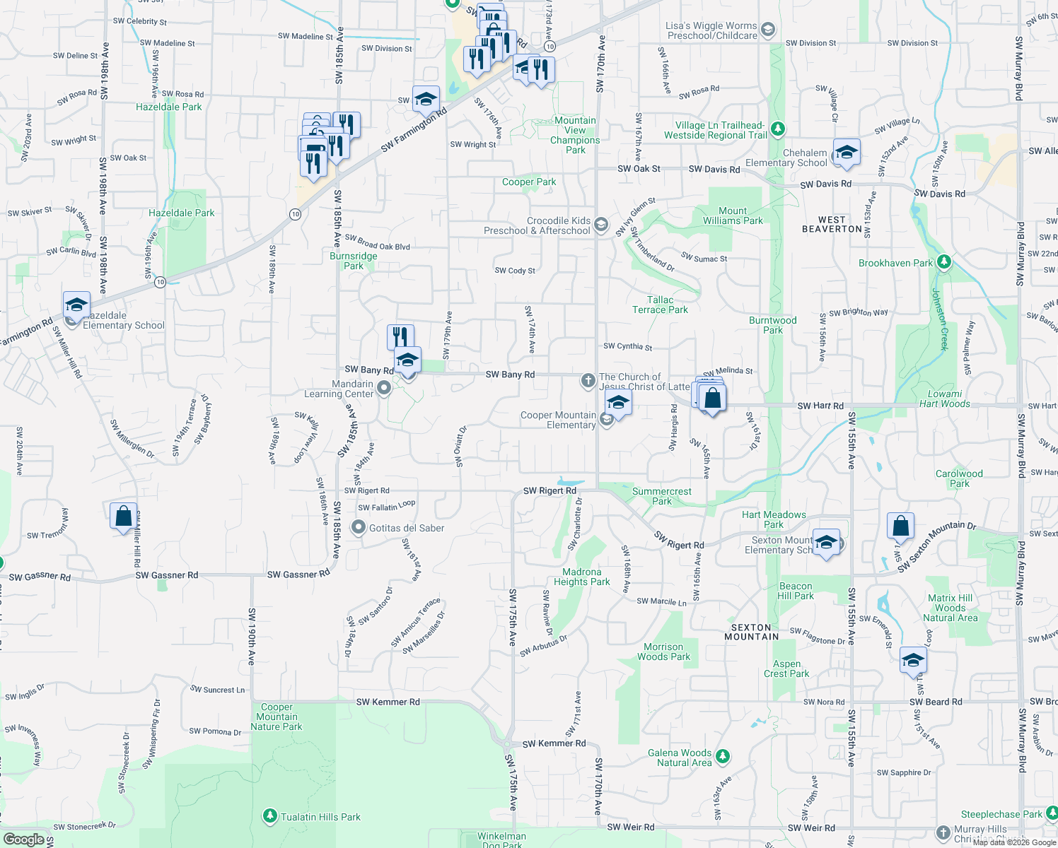 map of restaurants, bars, coffee shops, grocery stores, and more near 17373 SW Loma Vista St in Beaverton