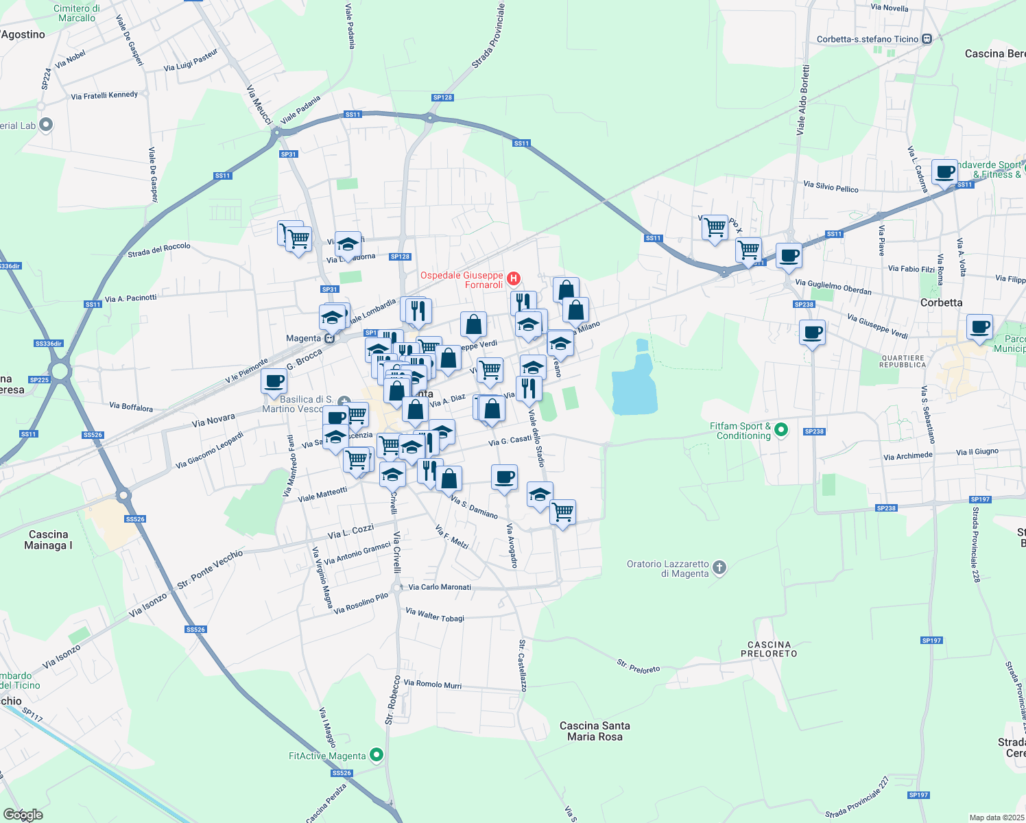 map of restaurants, bars, coffee shops, grocery stores, and more near 11 Via Volturno in Magenta