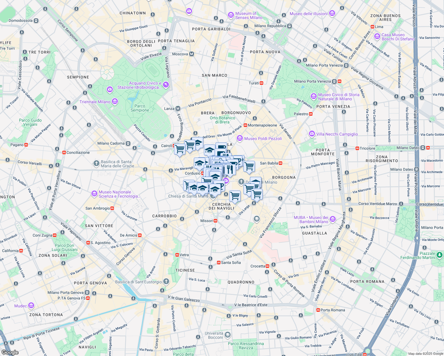 map of restaurants, bars, coffee shops, grocery stores, and more near 1 Via Silvio Pellico in Milano