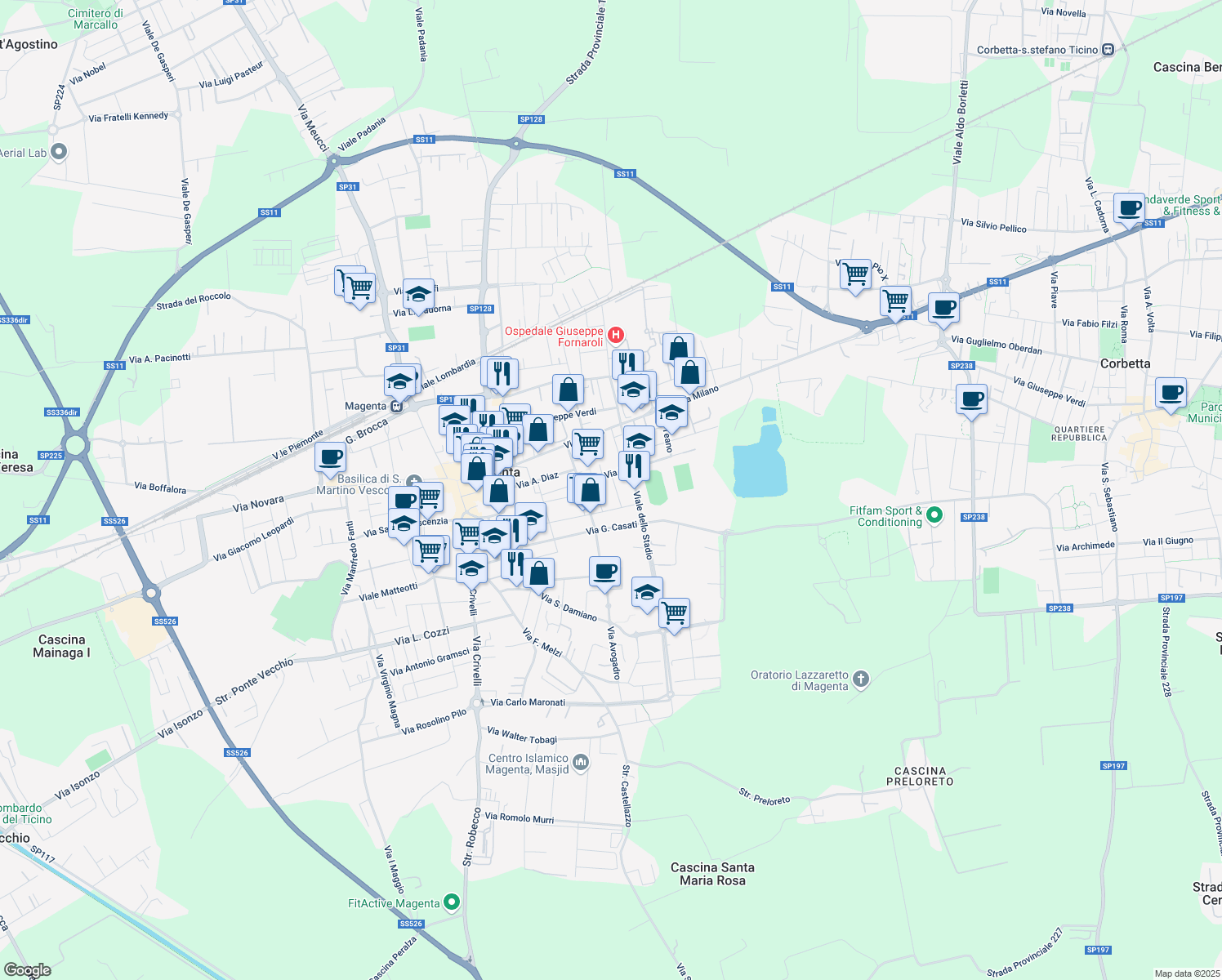map of restaurants, bars, coffee shops, grocery stores, and more near 11 Via Volturno in Magenta