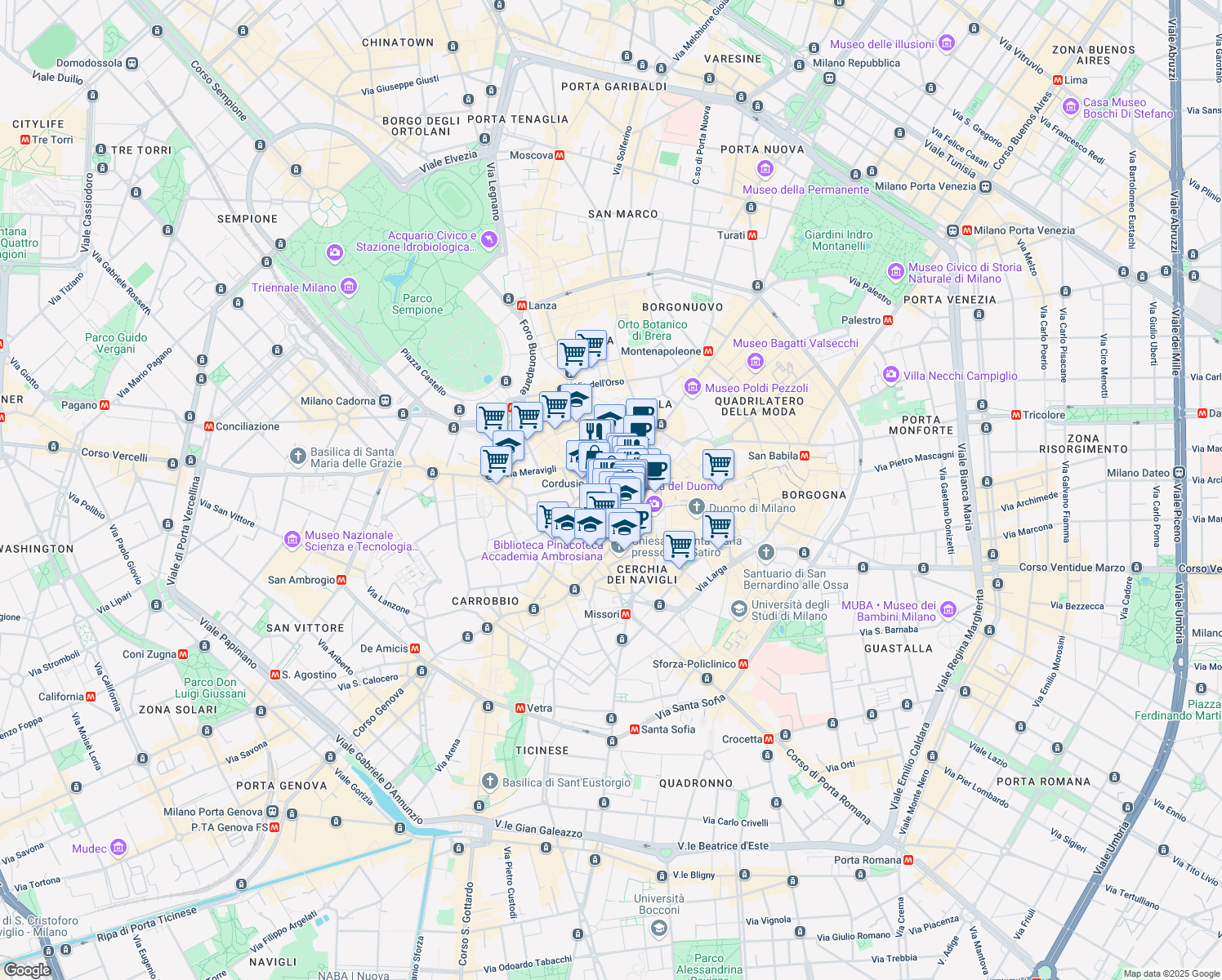 map of restaurants, bars, coffee shops, grocery stores, and more near 12 Via dei Mercanti in Milano
