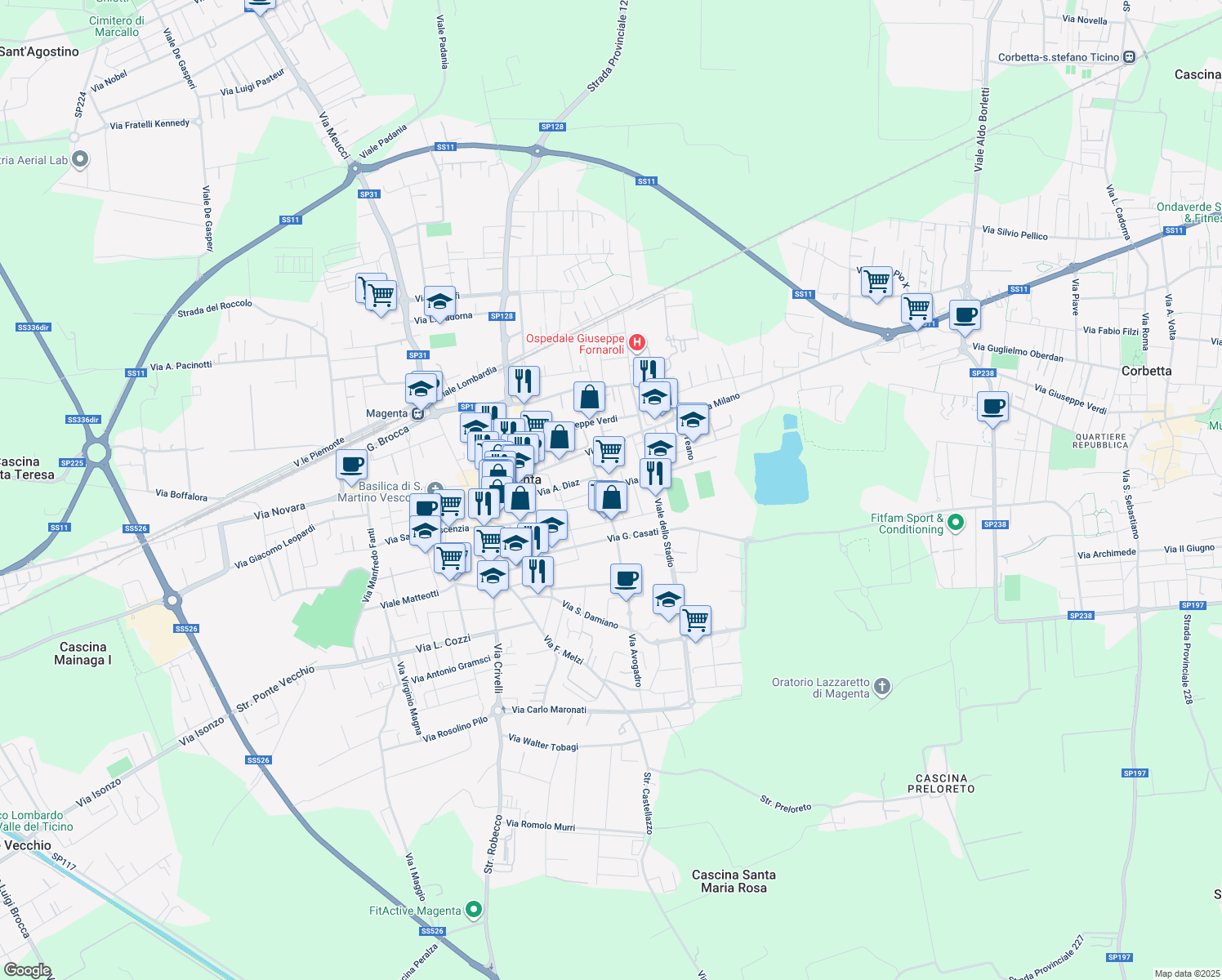 map of restaurants, bars, coffee shops, grocery stores, and more near 41 Via Trieste in Magenta