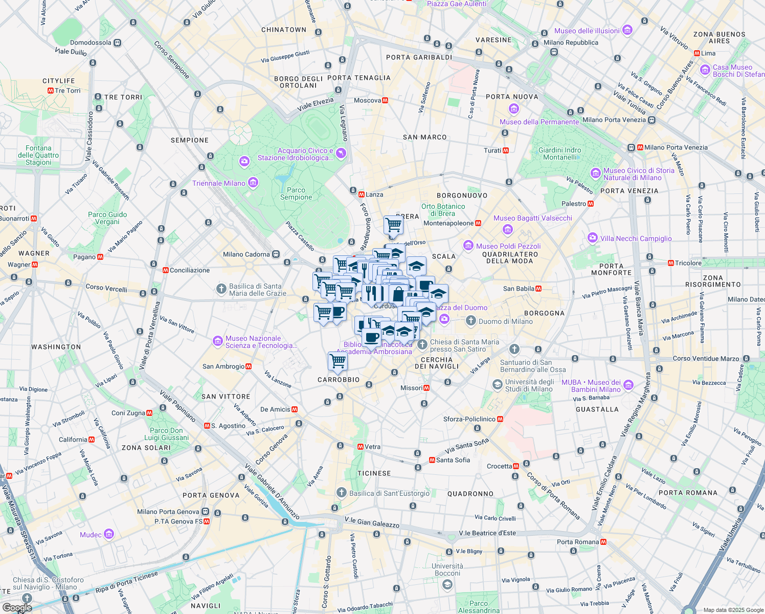 map of restaurants, bars, coffee shops, grocery stores, and more near 4 Via Gaetano Negri in Milano