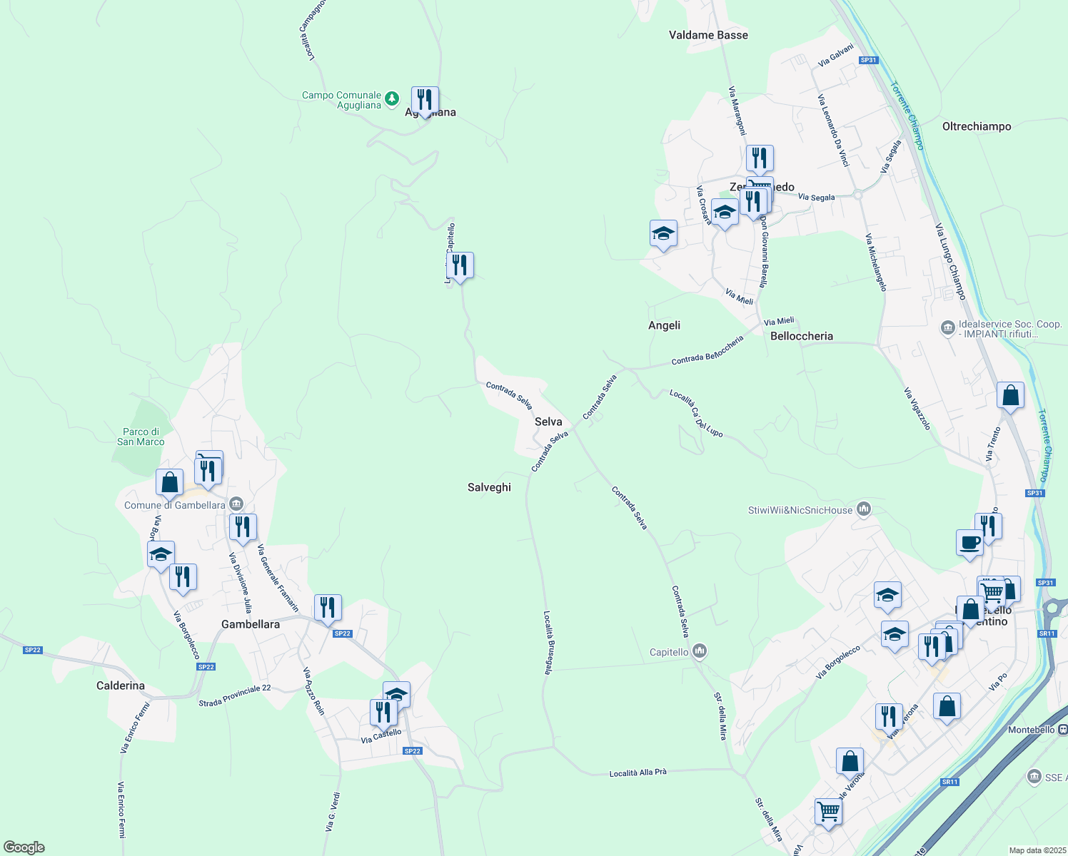 map of restaurants, bars, coffee shops, grocery stores, and more near 46 Contrada Selva in Selva