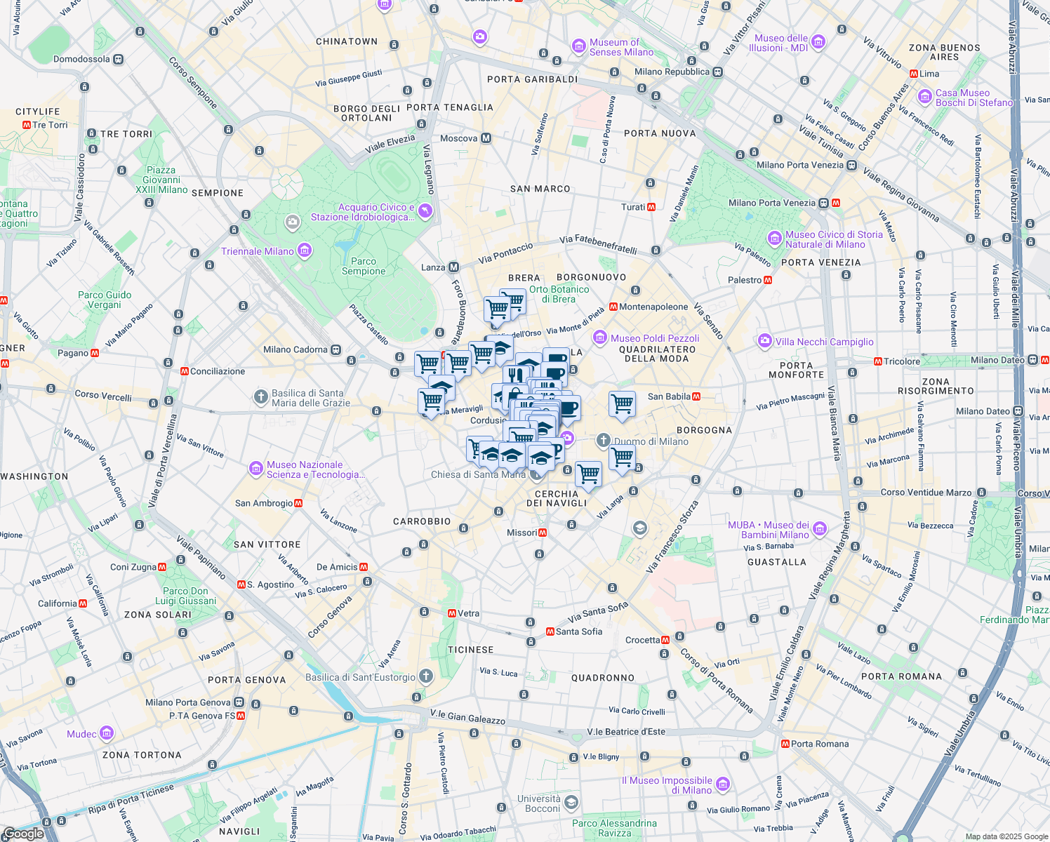 map of restaurants, bars, coffee shops, grocery stores, and more near 12 Via dei Mercanti in Milano