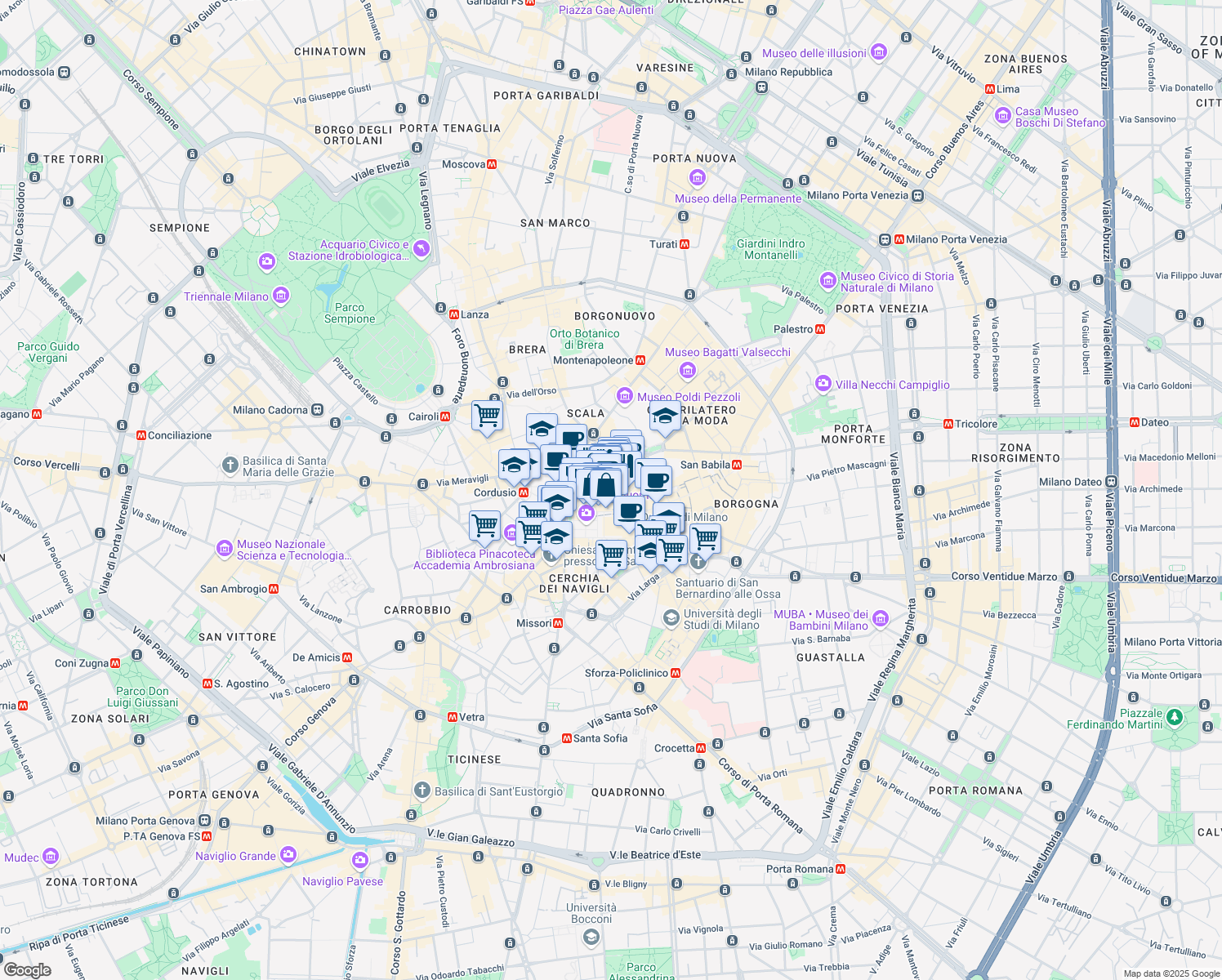 map of restaurants, bars, coffee shops, grocery stores, and more near 2 Via Giovanni Berchet in Milano