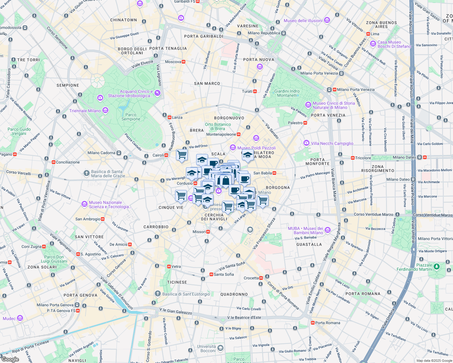 map of restaurants, bars, coffee shops, grocery stores, and more near 2 Via Giovanni Berchet in Milano