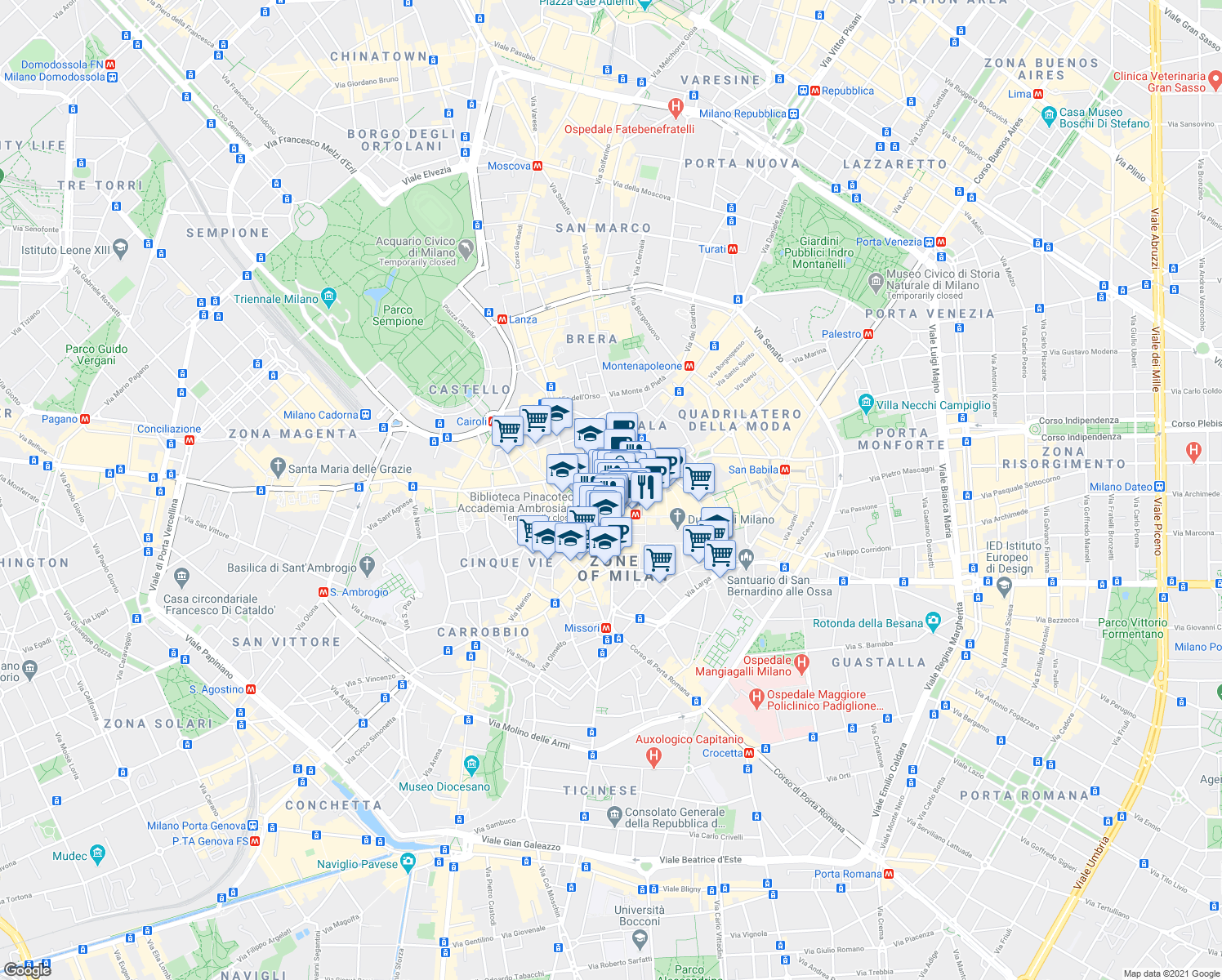 map of restaurants, bars, coffee shops, grocery stores, and more near 1 Via Silvio Pellico in Milano