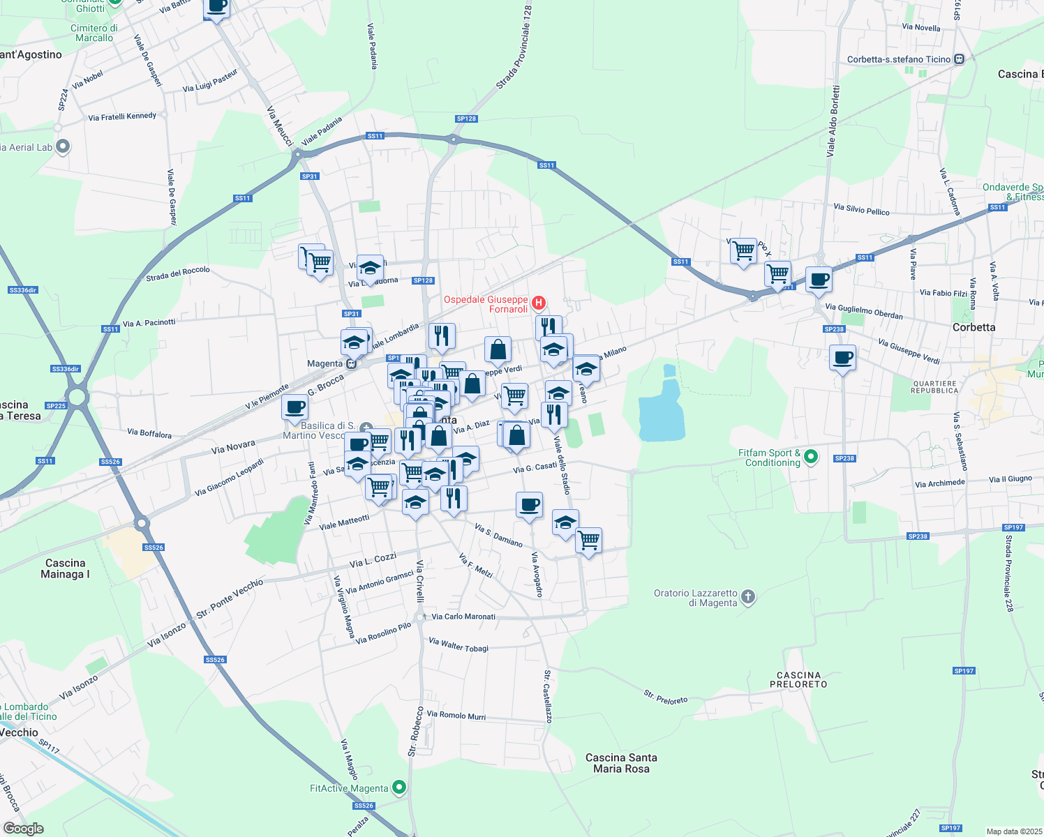 map of restaurants, bars, coffee shops, grocery stores, and more near 41 Via Trieste in Magenta