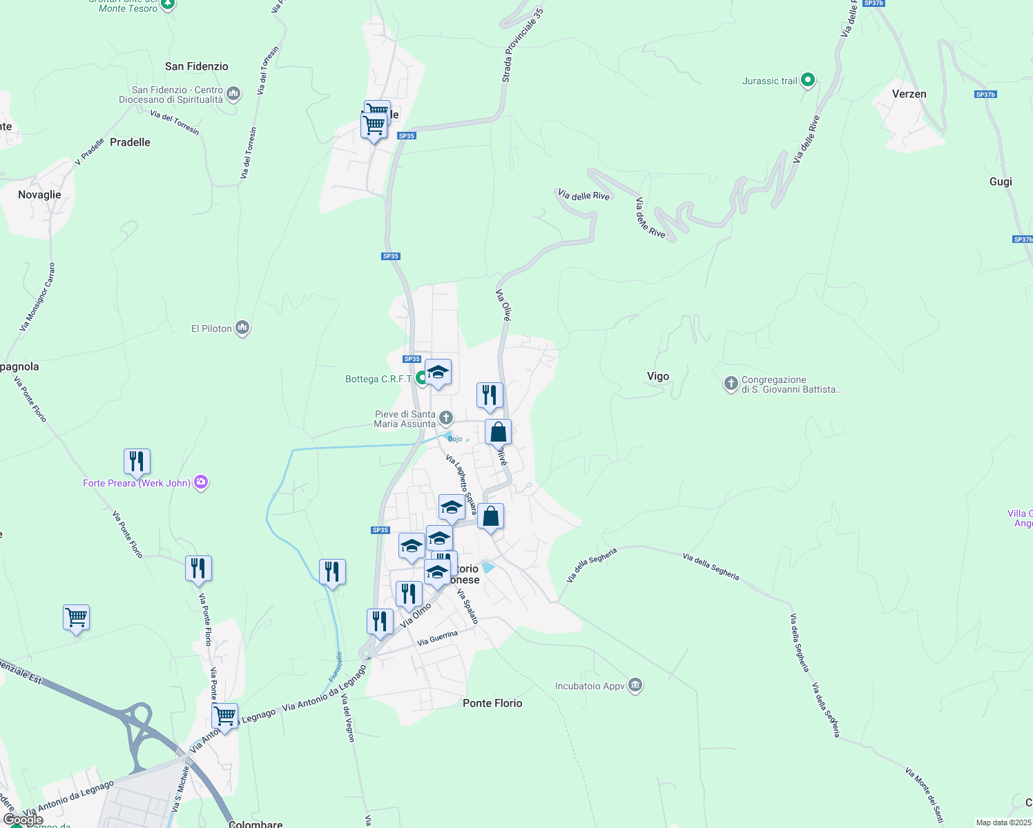 map of restaurants, bars, coffee shops, grocery stores, and more near 14 Via dei Biancospini in Verona