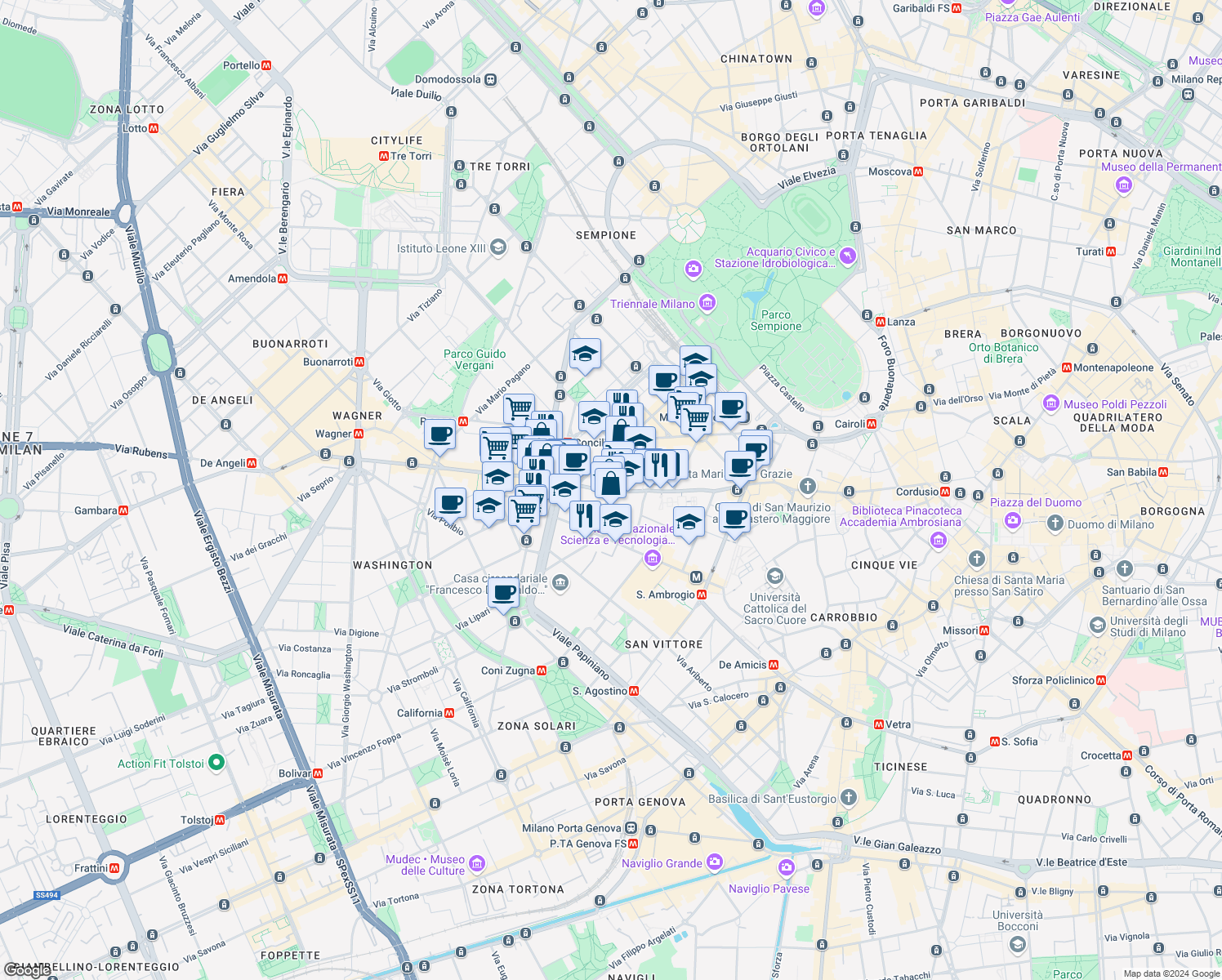 map of restaurants, bars, coffee shops, grocery stores, and more near 82 Corso Magenta in Milano