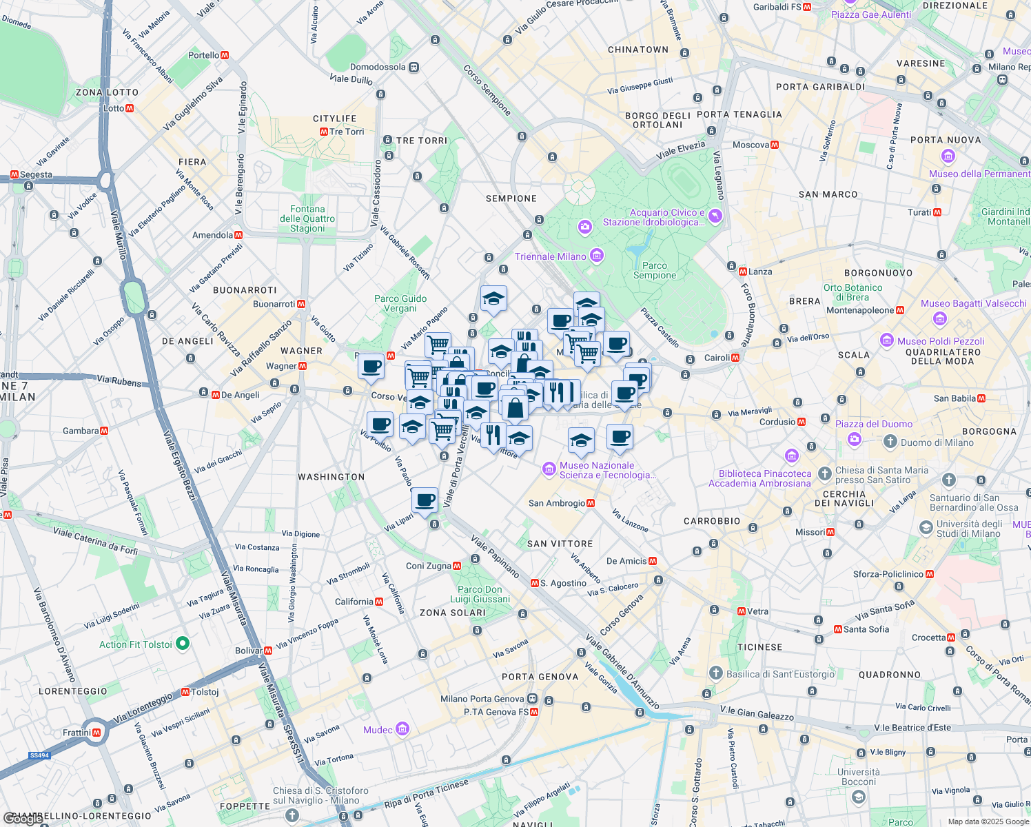 map of restaurants, bars, coffee shops, grocery stores, and more near 82 Corso Magenta in Milano