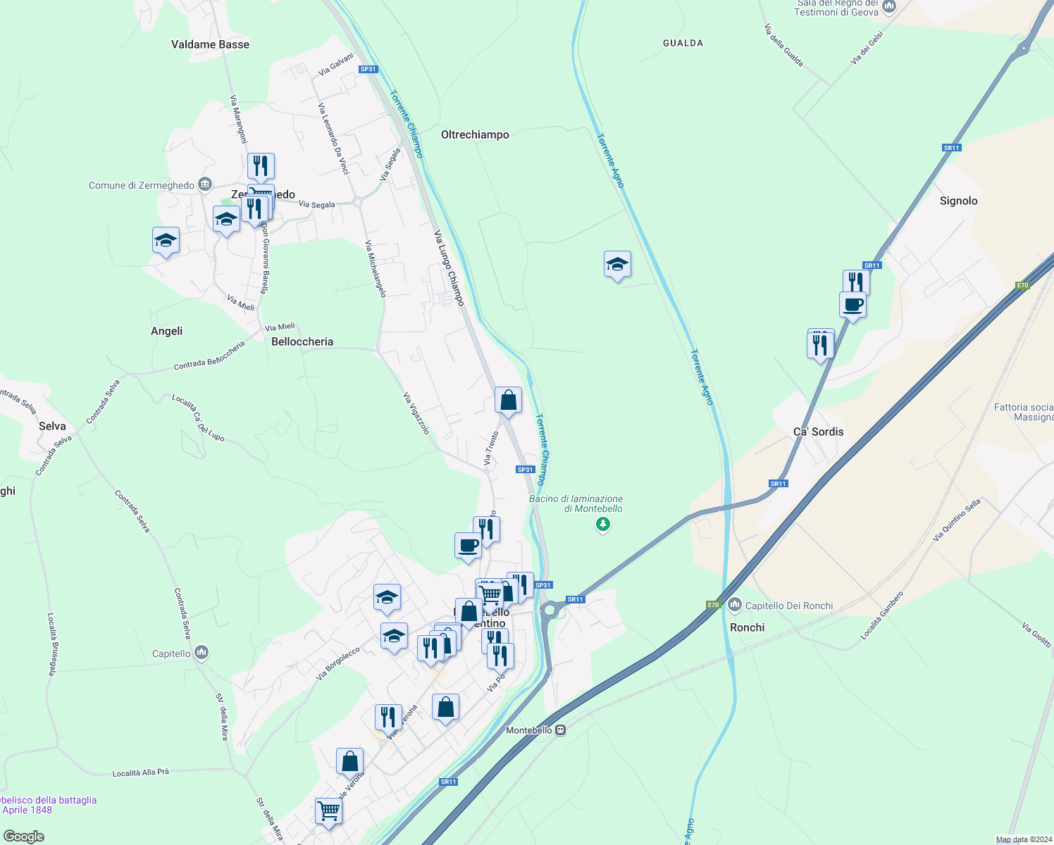 map of restaurants, bars, coffee shops, grocery stores, and more near 46 Via Lungo Chiampo in Montebello Vicentino