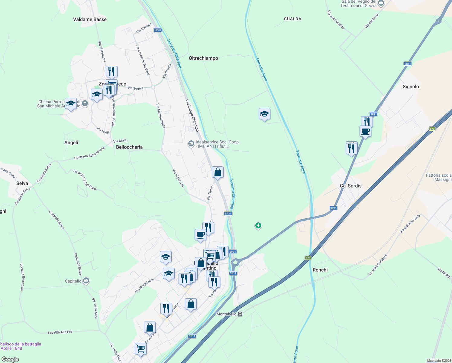 map of restaurants, bars, coffee shops, grocery stores, and more near 46 Via Lungo Chiampo in Montebello Vicentino