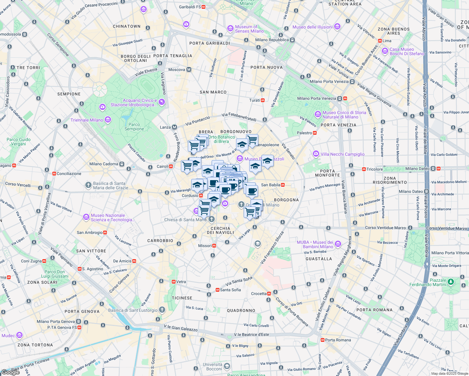 map of restaurants, bars, coffee shops, grocery stores, and more near in Milano