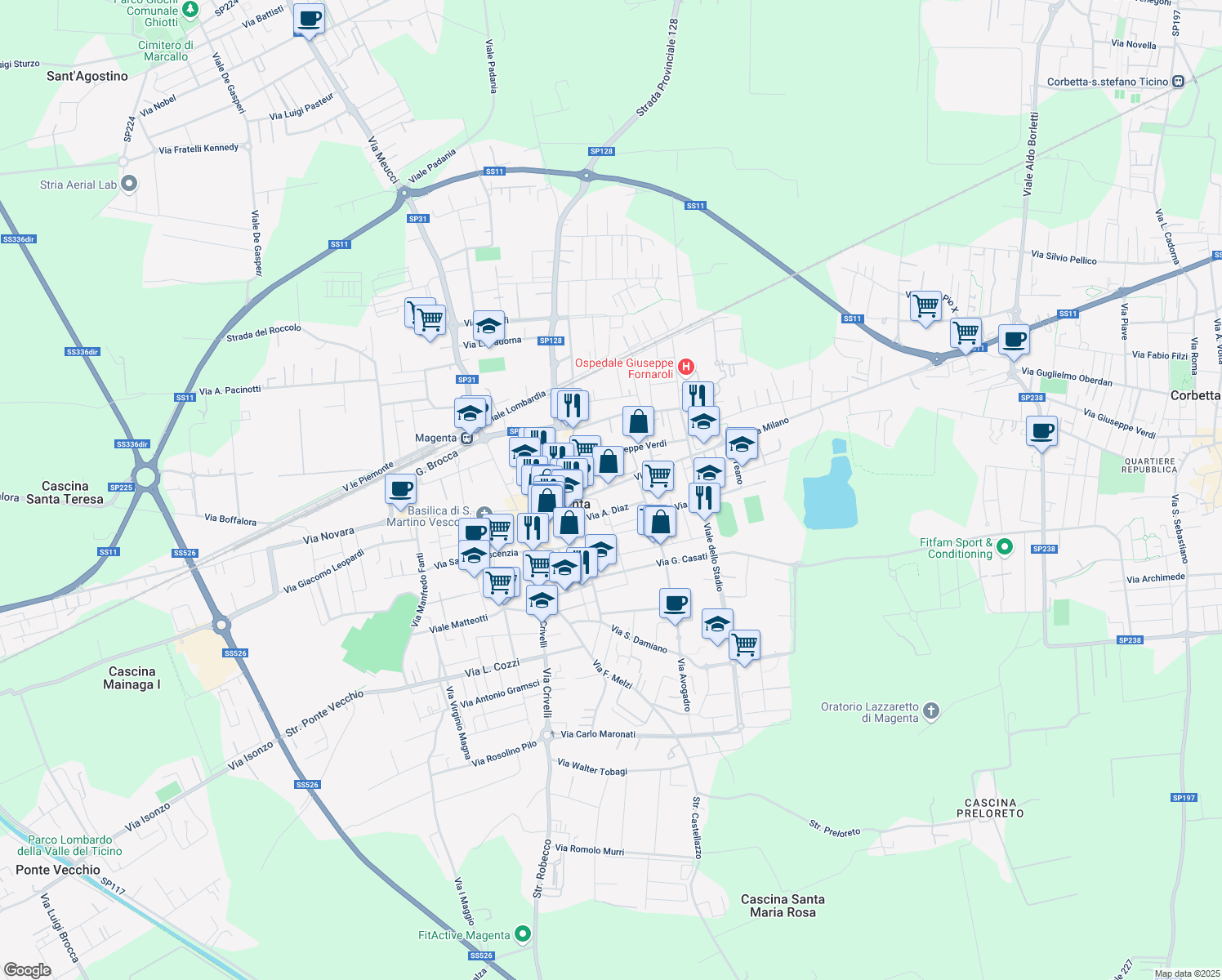 map of restaurants, bars, coffee shops, grocery stores, and more near 15-17 Via Milano in Magenta