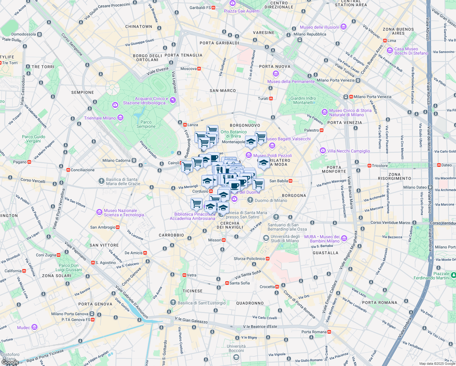 map of restaurants, bars, coffee shops, grocery stores, and more near 14 Via Santa Margherita in Milano
