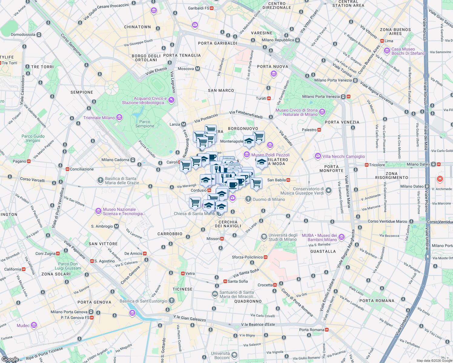 map of restaurants, bars, coffee shops, grocery stores, and more near 16 Via Santa Margherita in Milano