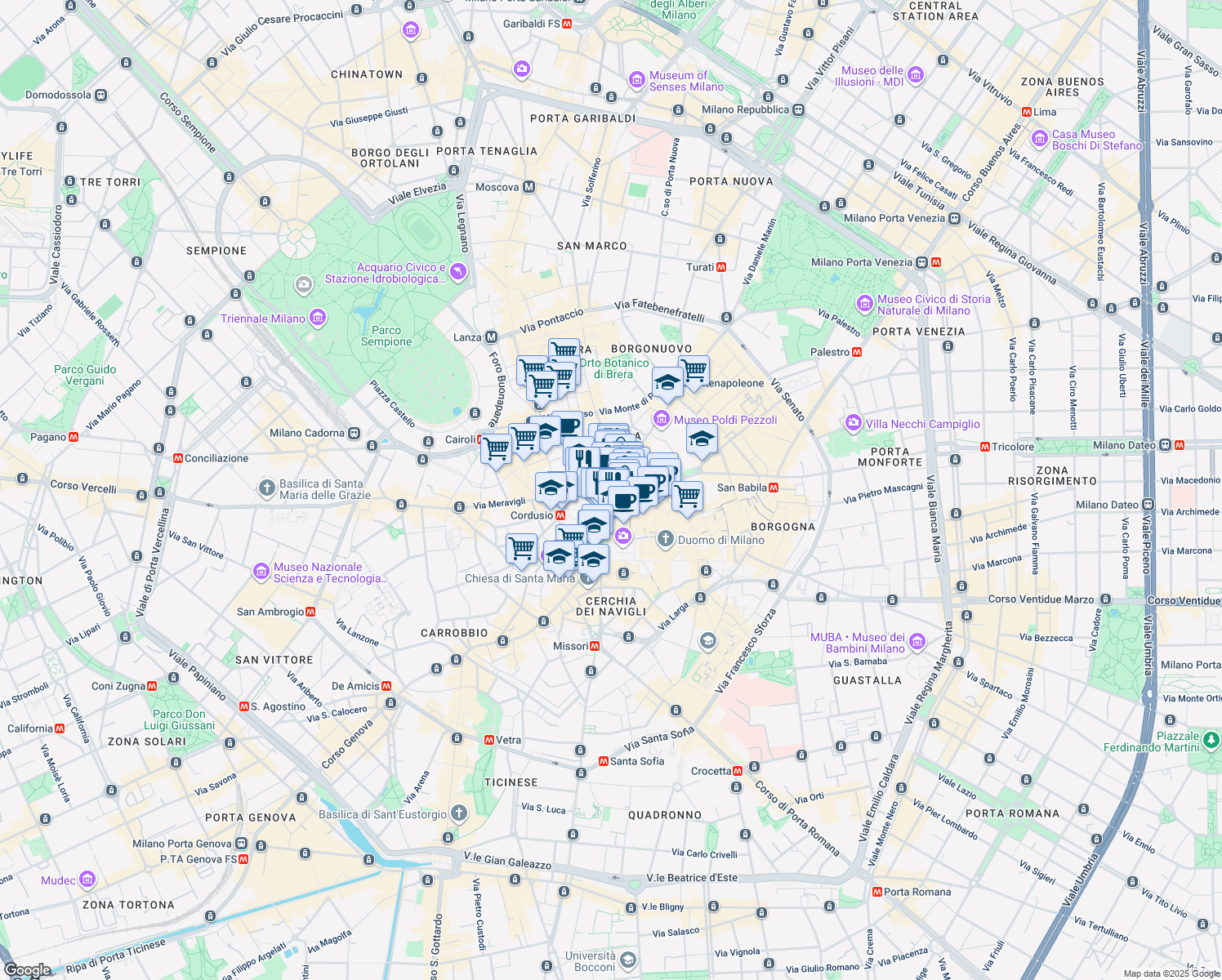 map of restaurants, bars, coffee shops, grocery stores, and more near 16 Via Santa Margherita in Milano