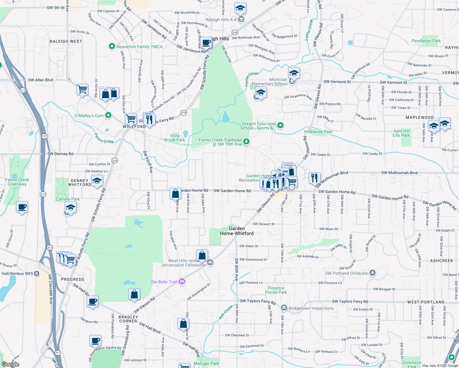 map of restaurants, bars, coffee shops, grocery stores, and more near 7430 Southwest 81st Avenue in Tigard