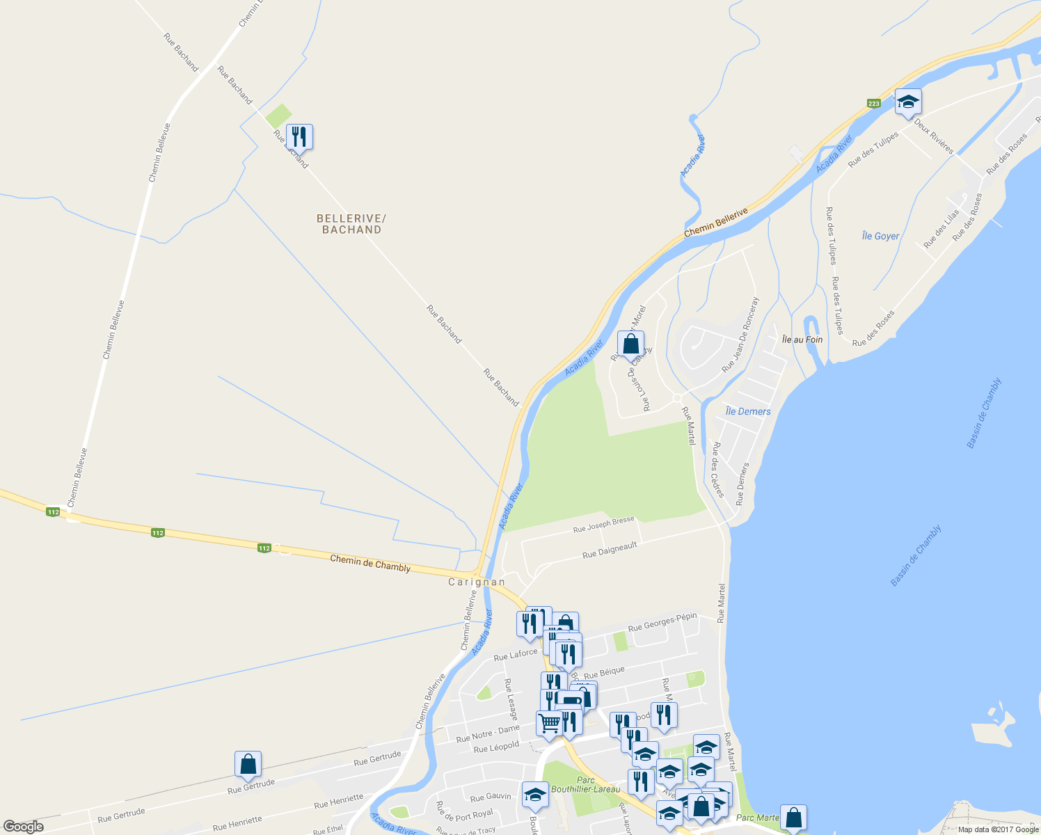 map of restaurants, bars, coffee shops, grocery stores, and more near 2430 Chemin Bellerive in Carignan