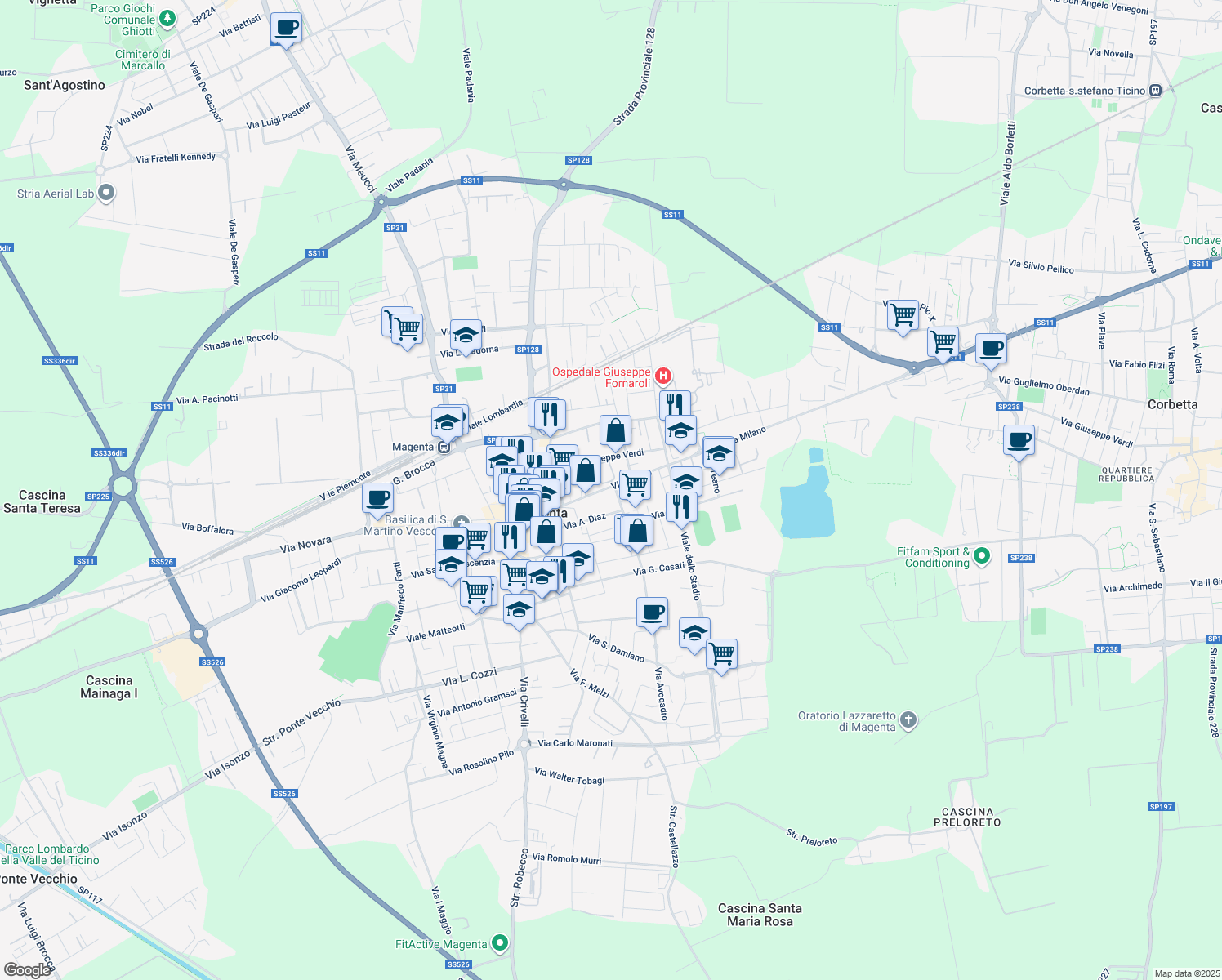 map of restaurants, bars, coffee shops, grocery stores, and more near 15-17 Via Milano in Magenta